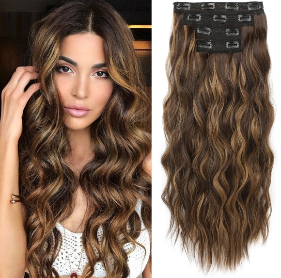 Other - 24” Beach Wave Clip-In Extensions‎ • Dark Brown w/ Highlights • 4PCS